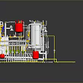 Industrial Equipment System Detailed 3D Model With Pipes Valves Red Containers White Cabinets Yellow Components