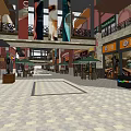 Commercial Landscape With Red Brick Buildings Shops Green Umbrellas And Outdoor Seating