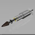 Military Missile With White Body Yellow Rings Copper Tip And Tail Fins Design