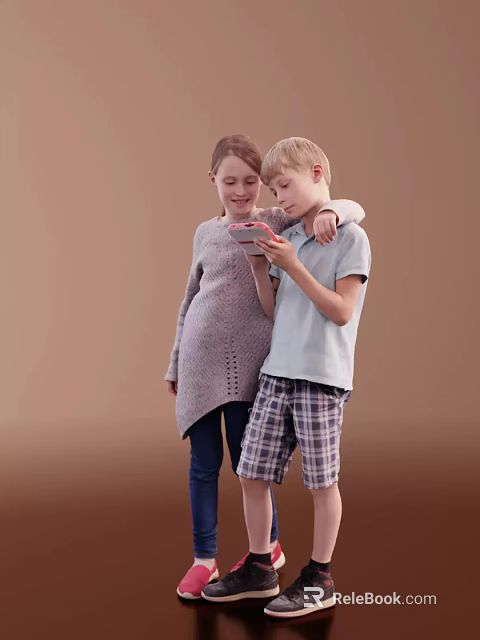 Two Kids Standing Close Looking At Red Smartphone Together Against Brown Background 3d model 