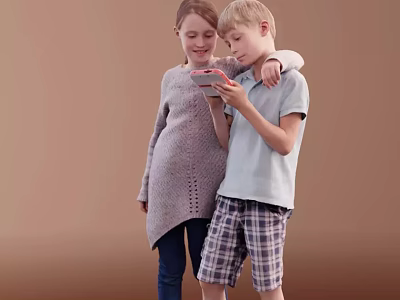 Two Kids Standing Close Looking At Red Smartphone Together Against Brown Background 3d model