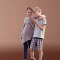 Two Kids Standing Close Looking At Red Smartphone Together Against Brown Background
