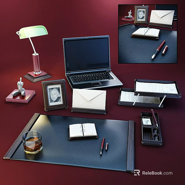 Elegant Office Desk Setup Featuring Laptop Lamp Photo Frame Notebooks And Fountain Pens 3d model 