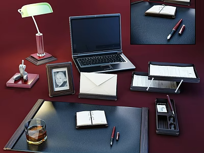 Elegant Office Desk Setup Featuring Laptop Lamp Photo Frame Notebooks And Fountain Pens 3d model