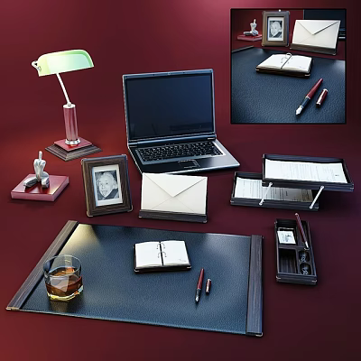 Elegant Office Desk Setup Featuring Laptop Lamp Photo Frame Notebooks And Fountain Pens 3d model