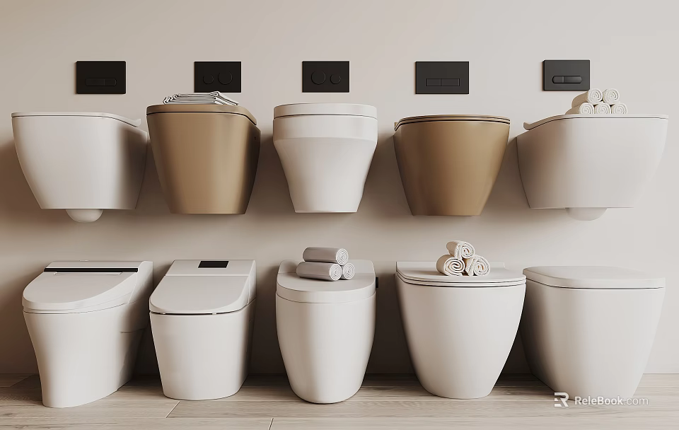 Modern Toilets Display With White And Taupe Colors Wall Mounted And Floor Standing Types 3d model 