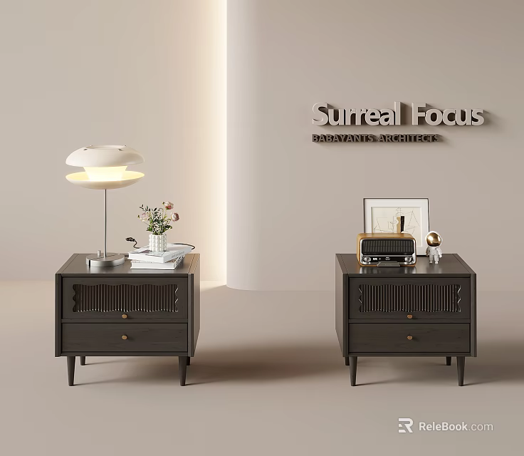 Surreal Focus Bedroom Nightstands With Table Lamp Flower Vase And Radio 3d model 