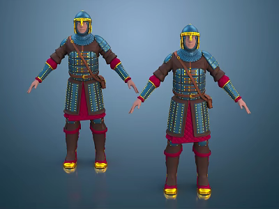 Two Armored Medieval Warrior Figures In Blue Red Armor With Golden Helmet And Ornate Belts 3d model