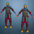 Two Armored Medieval Warrior Figures In Blue Red Armor With Golden Helmet And Ornate Belts