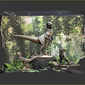 Multiple Detailed Realistic Dinosaur Models on Display Stand with Lush Forest Scene