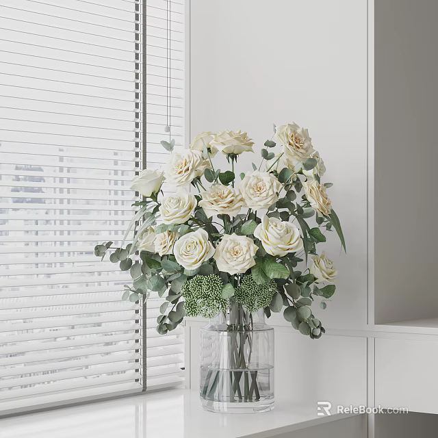 Transparent Glass Vase with White Roses Green Eucalyptus Leaves and Hydrangeas by White Blinds 3d model 