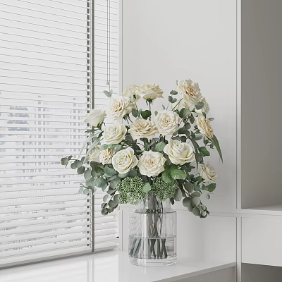 Transparent Glass Vase with White Roses Green Eucalyptus Leaves and Hydrangeas by White Blinds 3d model