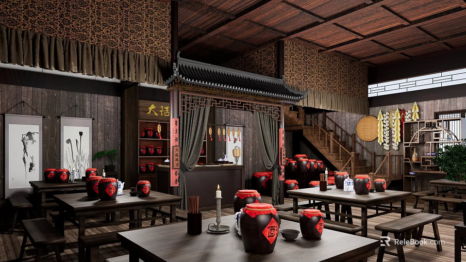 Traditional Chinese Restaurant Interior With Wooden Roof Clay Jars Tables And Decorative Lanterns 3d model 