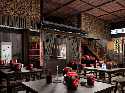 Traditional Chinese Restaurant Interior With Wooden Roof Clay Jars Tables And Decorative Lanterns 3d model