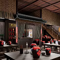 Traditional Chinese Restaurant Interior With Wooden Roof Clay Jars Tables And Decorative Lanterns