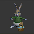 Cute Cartoon Rabbit In Green Sweater Holding Blue Egg With Basket Of Blue Eggs