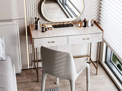Elegant White Dressing Table With Round Mirror Gold Legs And Skincare Products With White Chair 3d model