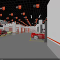 4S Car Store Showroom Interior With Red Yellow Vehicles White Columns And Orange Ceiling