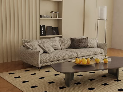 Neutral Fabric Three Seater Sofa With Decorative Cushions Coffee Table And Area Rug 3d model