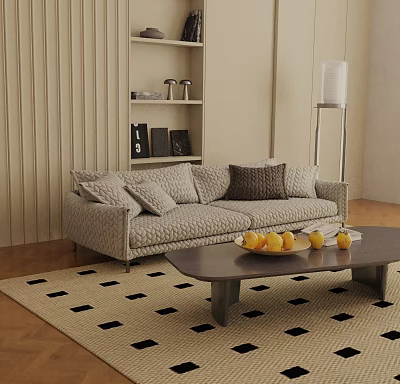 Neutral Fabric Three Seater Sofa With Decorative Cushions Coffee Table And Area Rug 3d model