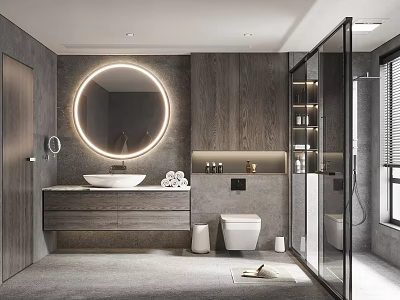 Modern Bathroom Interior With Round Backlit Mirror Gray Vanity And Shower Enclosure 3d model