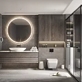 Modern Bathroom Interior With Round Backlit Mirror Gray Vanity And Shower Enclosure