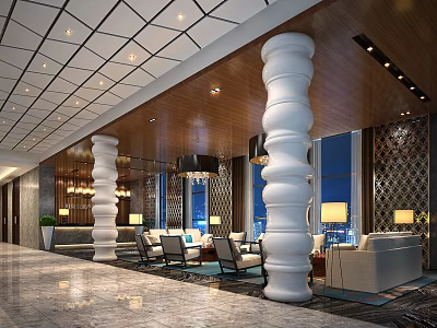 Hotel Lobby Interior With White Columns Lounge Area Grid Ceiling Recessed Lighting And Marble Flooring 3d model