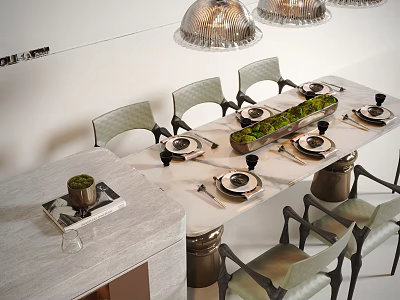 Modern Dining Table Set With Chairs Marble Top Centerpiece And Tableware Decoration 3d model