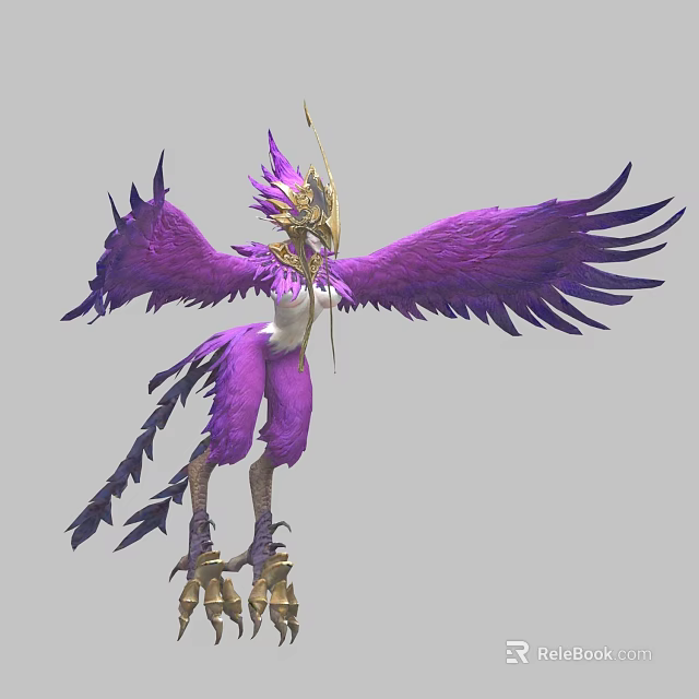 Purple Feathered Game Movie Character With Spread Wings And Golden Accents 3d model 