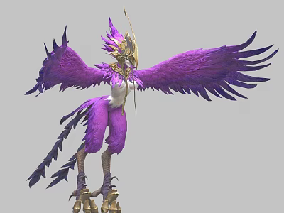 Purple Feathered Game Movie Character With Spread Wings And Golden Accents 3d model