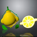 3D Rendered Whole Lemon with Green Vines Leaves and Sliced Half Showing Pulp