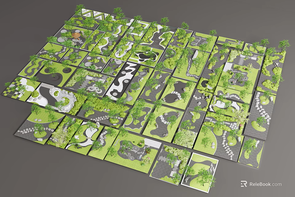 Multiple Garden Layout Designs With Green Plants Paths And Water Features 3d model 
