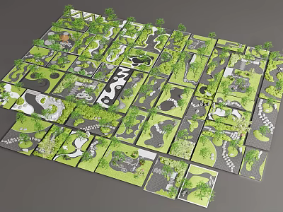 Multiple Garden Layout Designs With Green Plants Paths And Water Features 3d model