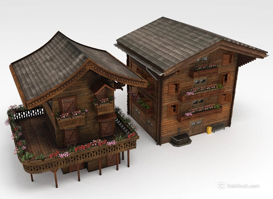Traditional Wooden Buildings With Sloped Roofs And Multi Level Balconies Adorned With Flower Pots 3d model 