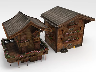 Traditional Wooden Buildings With Sloped Roofs And Multi Level Balconies Adorned With Flower Pots 3d model