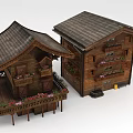 Traditional Wooden Buildings With Sloped Roofs And Multi Level Balconies Adorned With Flower Pots