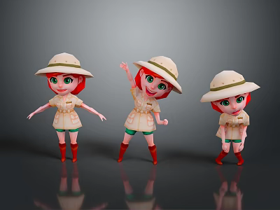 Cute Cartoon Girl With Red Hair Green Eyes In Explorer Outfit And Different Poses 3d model