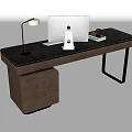 Modern Home Office Desk With Black Desktop White Monitor Black Lamp And Metal Legs
