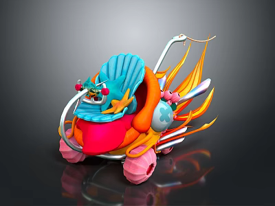 Colorful Cartoon Car 3D Model With Blue Seat Red Body Pink Wheels And Flame Decor 3d model