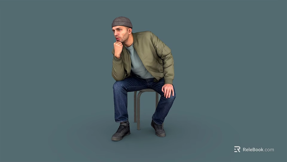 Man Sitting On Chair Wearing Green Jacket Gray Beanie Blue Jeans With Hand On Chin 3d model 