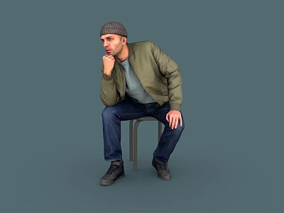 Man Sitting On Chair Wearing Green Jacket Gray Beanie Blue Jeans With Hand On Chin 3d model