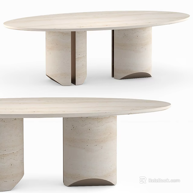Modern Oval Dining Table Design With Travertine Top And Cylindrical Legs 3d model