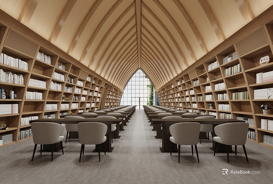 Spacious Library Interior With Wooden Arched Ceiling Bookshelves And Chairs 3d model 