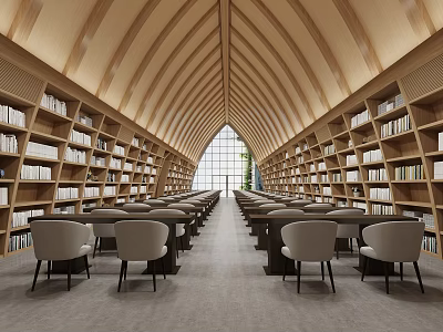 Spacious Library Interior With Wooden Arched Ceiling Bookshelves And Chairs 3d model