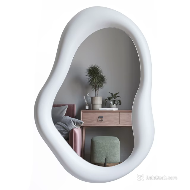 Organic Shaped Decorative Mirror Reflecting Wooden Dresser Green Stool And Potted Plants 3d model 