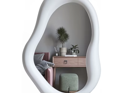 Organic Shaped Decorative Mirror Reflecting Wooden Dresser Green Stool And Potted Plants 3d model