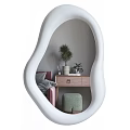 Organic Shaped Decorative Mirror Reflecting Wooden Dresser Green Stool And Potted Plants