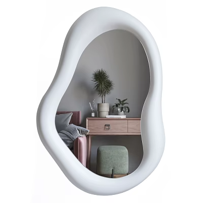 Organic Shaped Decorative Mirror Reflecting Wooden Dresser Green Stool And Potted Plants 3d model