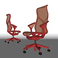 Two Red Modern Office Chairs With Mesh Backrest Armrests And Swivel Wheels