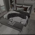 Modern Double Bed with Bedding Nightstands Brass Lamps Scenic View Rug and Foot Bench